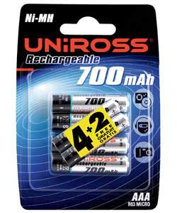 Uniross AAA Rechargeable Batteries - 4 Pack plus 2 Free