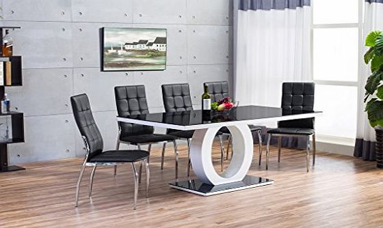 FurnitureBox GIOVANI Black/White High Gloss Glass Dining Table Set and 6 Leather Chairs Seats