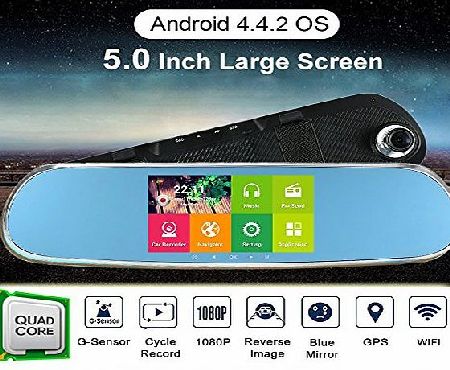 KKmoon 1080P Dual-lens Car Camera Car DVR Recorder Dash Cam, Large Rear View Mirror with Night Vision 5`` Android Smart System Built in GPS Navigation WIFI with Free EU Map