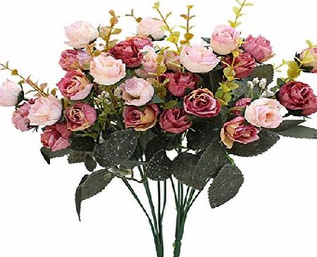 Luyue 7 Branch 21 Heads Artificial Silk Fake Flowers Leaf Rose Wedding Floral Decor Bouquet,Pack of 2 (Pink coffee)