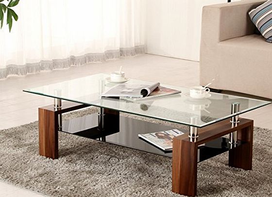 OSPI High Gloss Coffee Table Side Table Walnut Color with Black Glass L110xD60xH43 cm (Walnut)