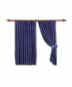Pair of Lined Embroidered Blue Taffeta Curtains/Tie-Backs
