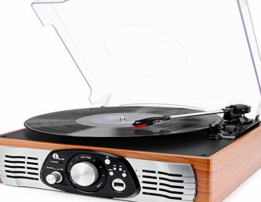 1byone Belt-Drive 3-Speed Stereo Turntable with Built in Speakers, Supports Vinyl to MP3 Recording, USB MP3 Playback, and RCA Output, Natural Wood