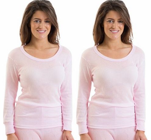 2 Womens Jacquard Rib Long Sleeve Thermal Vest Underwear Pink, 18-20