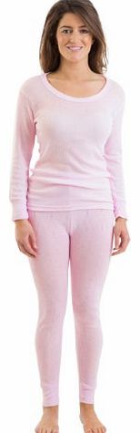 Womens Jacquard Rib Thermal Underwear Set, Long Sleeve Vest & Long Pants, Pink, 14-16