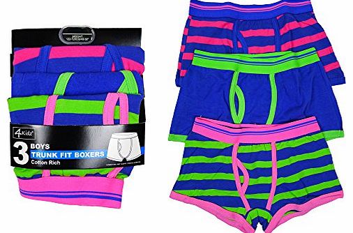 Boys 3 Pack Neon Boxer Shorts Trunk Fit Cotton Rich Underpants sizes from 7 to 13 Years