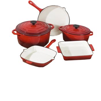 5 Piece Red Cast Iron Cookware 1 Damaged Pan