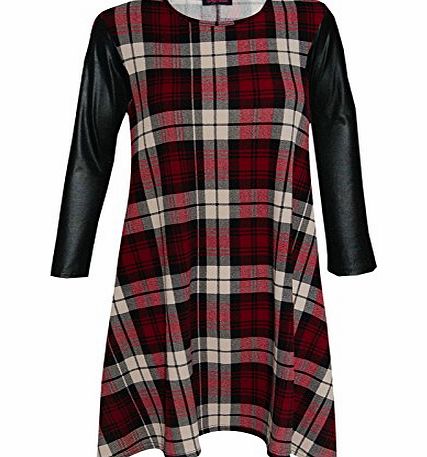 7 Fashion Road NEW WOMENS CELEBRITY INSPIRED VICKY PVC WET LOOK PU SLEEVES FLARED RED TARTAN SWING SKATER DRESS TOP (14)