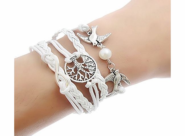 8Years New Antique Vintage Silver Leather Infinity Bracelet Life Tree Bird White Cord 19.5cm