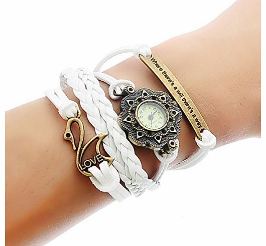 8Years New Fashion Antique Vintage Bronze Infinity Watch Bracelet Cute Friendship Swan White Leather Cord Wristwatch 19cm