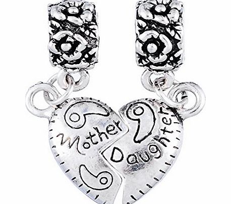 8Years.European Charms 8Years 1 Set European Charm Dangle Heart Beads ``Mother Daughter`` Silver Tone 1 1/8``x 6/8``