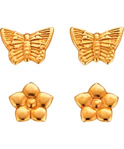 9ct Gold Butterfly and Flower Stud Earrings - 2