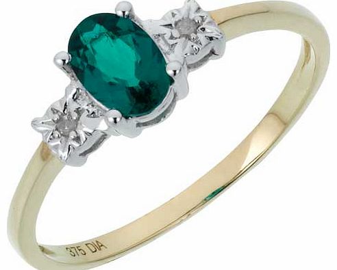 9ct Gold Created Emerald and Diamond 3 Stone Ring