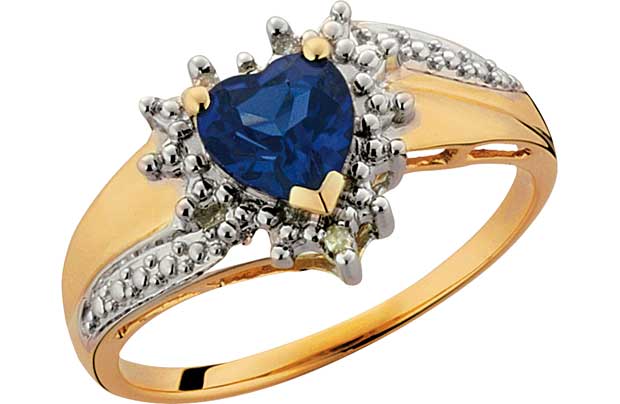 9ct Gold Created Sapphire and Diamond Heart Ring