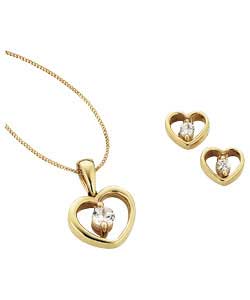 9ct gold Cubic Zirconia Heart Pendant and Earring Set