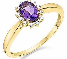 9ct Gold Diamond And Oval Amethyst Cluster Ring