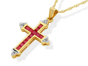 9ct Gold Diamond And Ruby Cross And Chain - 045711