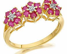 9ct Gold Diamond And Ruby Flower Cluster Ring -