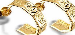 9ct Gold Embossed Scroll Half Hoop Earrings -