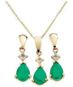 9ct gold Emerald Teardrop Pendant and Earring Set
