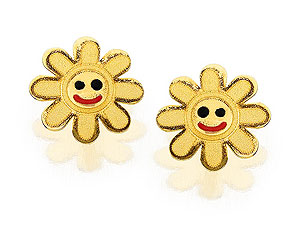 9ct Gold Enamel Smiley Face Earrings 7mm - 070878