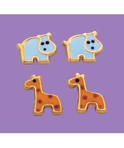 9ct gold Giraffe and Hippo Enamel Earrings