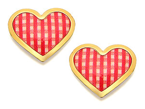 9ct Gold Red Gingham Heart Earrings 7mm - 070802