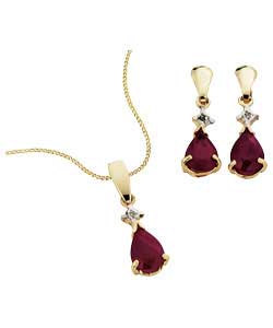 9ct Gold Ruby and Diamond Teardrop Pendant and Earring Set