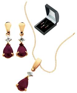 9ct Gold Ruby and Diamond Teardrop Pendant and Earrings Set