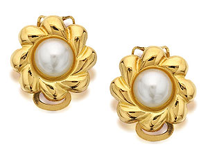 9ct Gold Simulated Pearl Flower Clip On Earrings