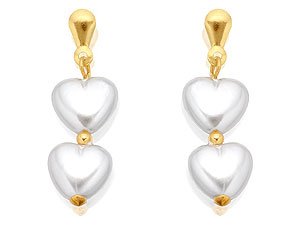 9ct Gold Simulated Pearl Heart Drop Earrings
