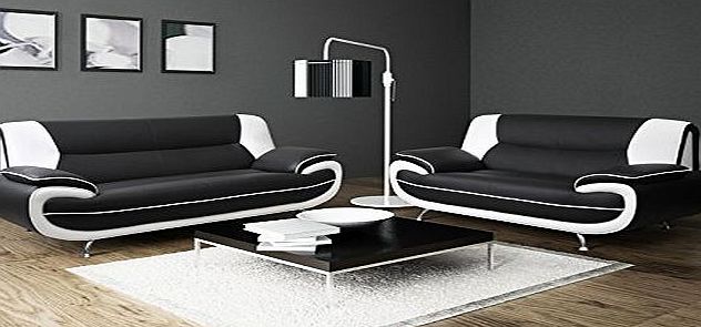 Lewis Black & White PU Leather 3+2 Seater Sofa Suite
