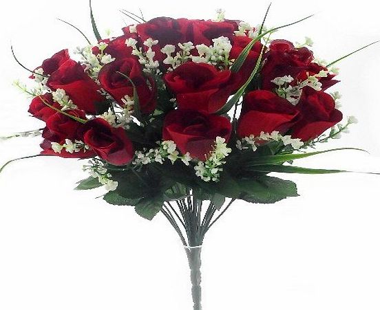 A1-Homes 42cm Artificial Silk Red Rose amp; Grass Bush with Gyp amp; Foliage 24 - 25 flower heads- Wedding Grave Home Decoration