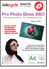 A4 Inkjet Papers. Pro Photo Gloss 260 Instant Dry Microporous Coated Photo Paper260gms (A4) - 20 sheets