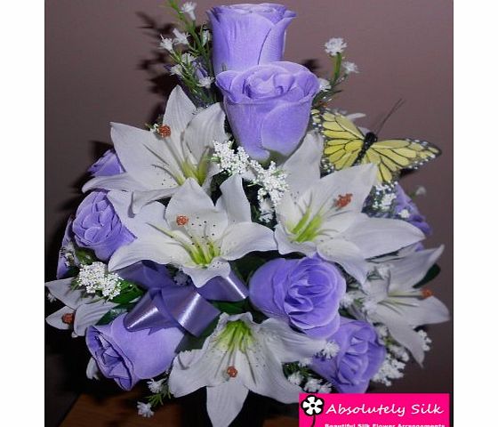 ABSOLUTELY SILK LILAC AND WHITE ARTIFICIAL FRONT FACING SILK FLOWER ARRANGEMENT POSY FOR GRAVE OR FUNERAL