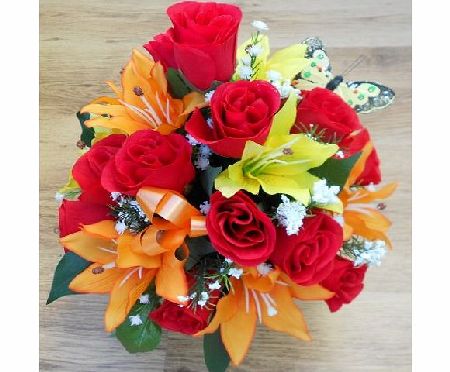 ABSOLUTELY SILK RED ROSE ORANGE AND YELLOW LILLY ALL ROUND SILK FLOWER ARRANGEMENT POSY FOR GRAVE OR FUNERAL