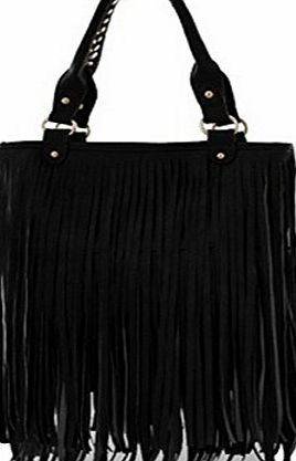 Accessorize-me. New Ladies Fringe Fringed Tassel shoulder bag handbag in BLACK faux leather by Accessorize-me