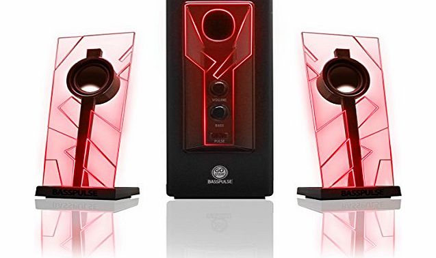 GOgroove BassPULSE 2.1 Channel Gaming Speakers with Satellite Subwoofers , Deep Bass , RED LED GLOW Lights amp; 3.5mm AUX for PC , Mac Desktop amp; Laptop Computers - Includes UK amp; EU Plug