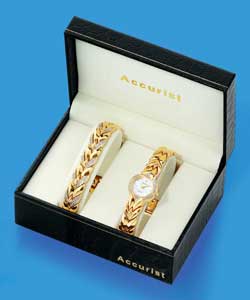 Ladies Gold Plated Stone Set Watch and Bracelet set