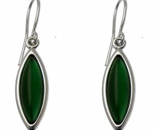 Acosta Jewellery Acosta - Dark Emerald Green Cats Eye Glass Stone - Dainty Contemporary Drop Earrings (Silver Tone)