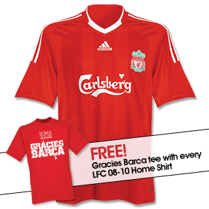 Adidas 08-10 Liverpool Home shirt   FREE Gracies Barca T-Shirt