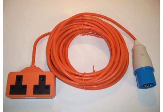 Aerials, Satellites and Cables Ltd 15m Caravan or Camping Mains Hook Up Cable 16 Amp Ceeform Plug to 13 Amp Double Socket Arctic Cable in Orange