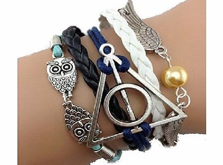 AIRWHEEL Harry Potter Braided rope platted Leather bracelet, Snitch Angel Wings Owl Deathly Hallows Charm Bracelet
