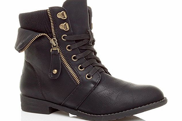 Ajvani WOMENS LADIES LOW HEEL LACE UP KNITTED CUFF ZIP COMBAT ANKLE BOOTS SIZE 5 38