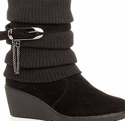 WOMENS LADIES MID HEEL WEDGE KNITTED COLLAR SLOUCH BUCKLE ANKLE BOOTS SIZE 6 39