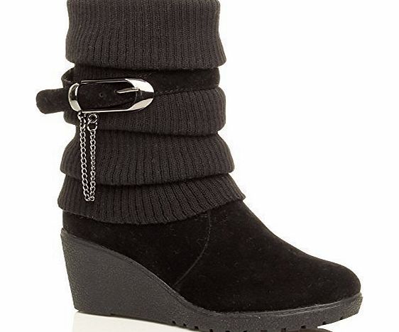 Ajvani WOMENS LADIES MID HEEL WEDGE KNITTED COLLAR SLOUCH BUCKLE ANKLE BOOTS SIZE 7 40
