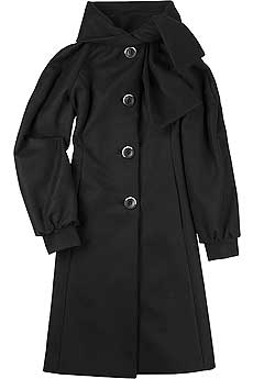 Black wool tie neck coat with oversized button fastenings and blouson sleeves