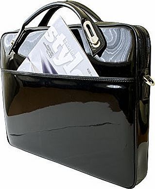 AbChic 15.6``-16`` Designer Laptop Case / Notebook Ladies Handbag w/ comfortable non-slip shoulder straps in Black Patent Leatherette, Italian Fashion Style
