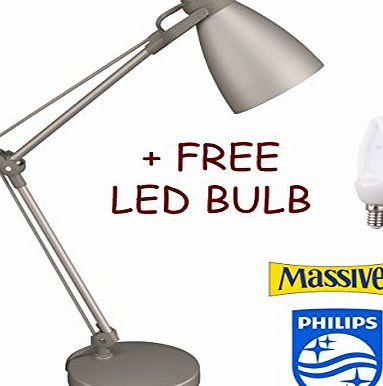 Allcam Philips Massive Brand Benjamin 3 Joints Adjustable Table Desk Lamp 40W Reach 52 cm Height in Elegant Silver w/ Free 4W LED Bulb Included