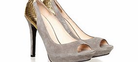 Grey suede peep-toe gold detail heels